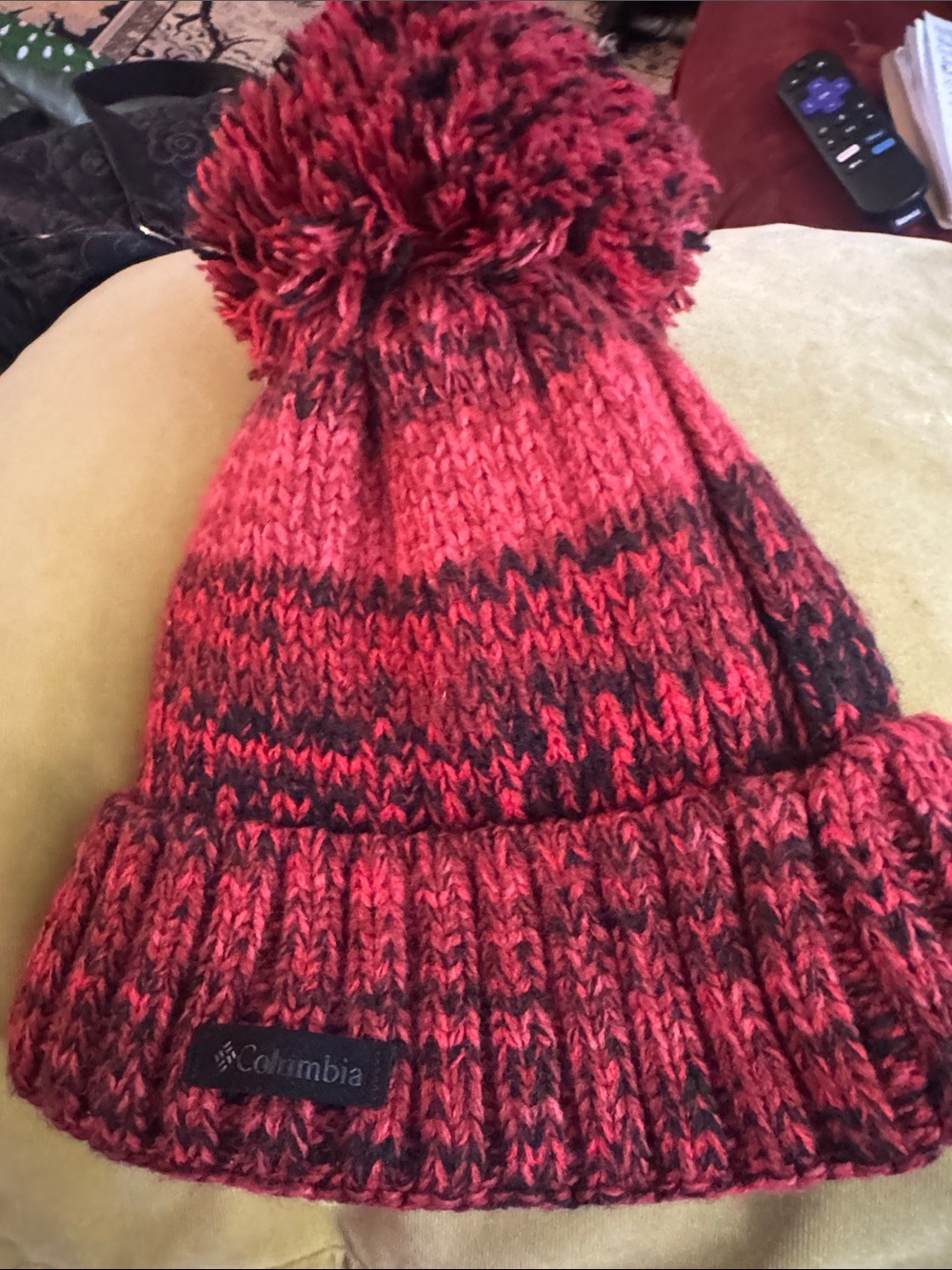 Columbia Red and Black Marled Pom Beanie